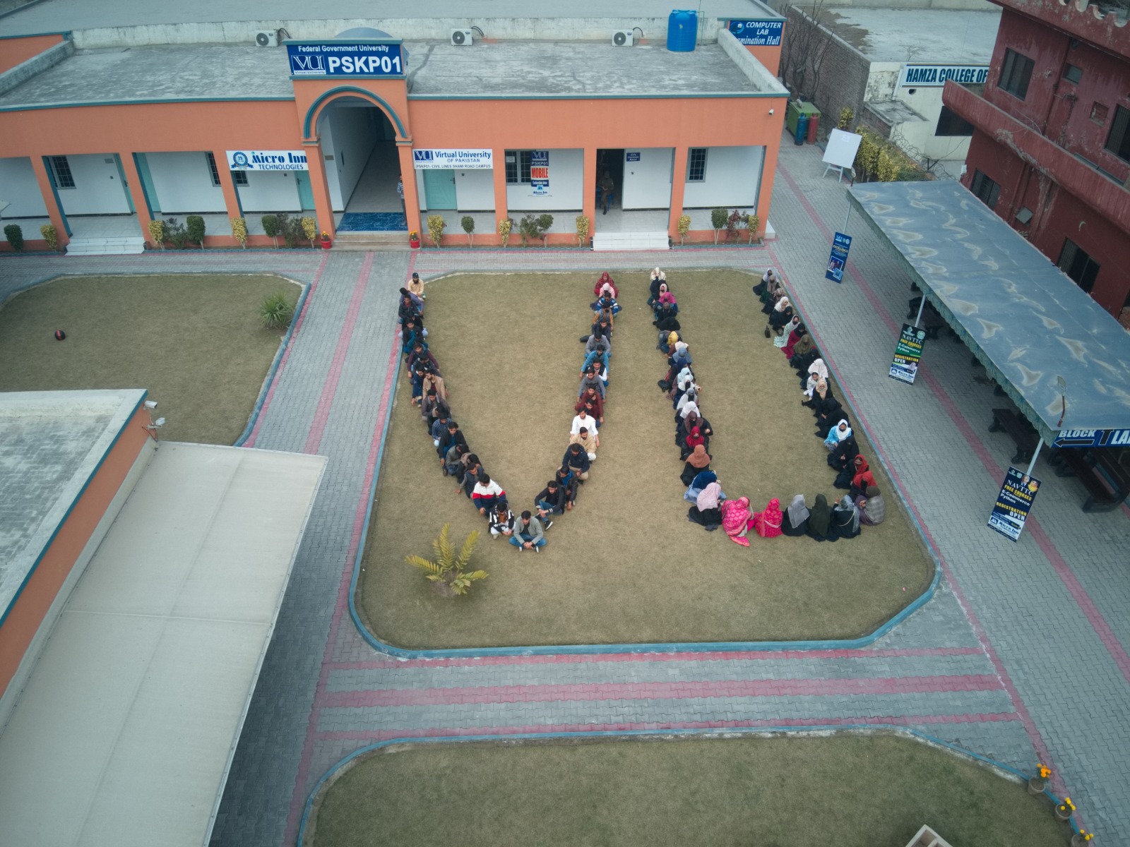 Students gathered on the lawn